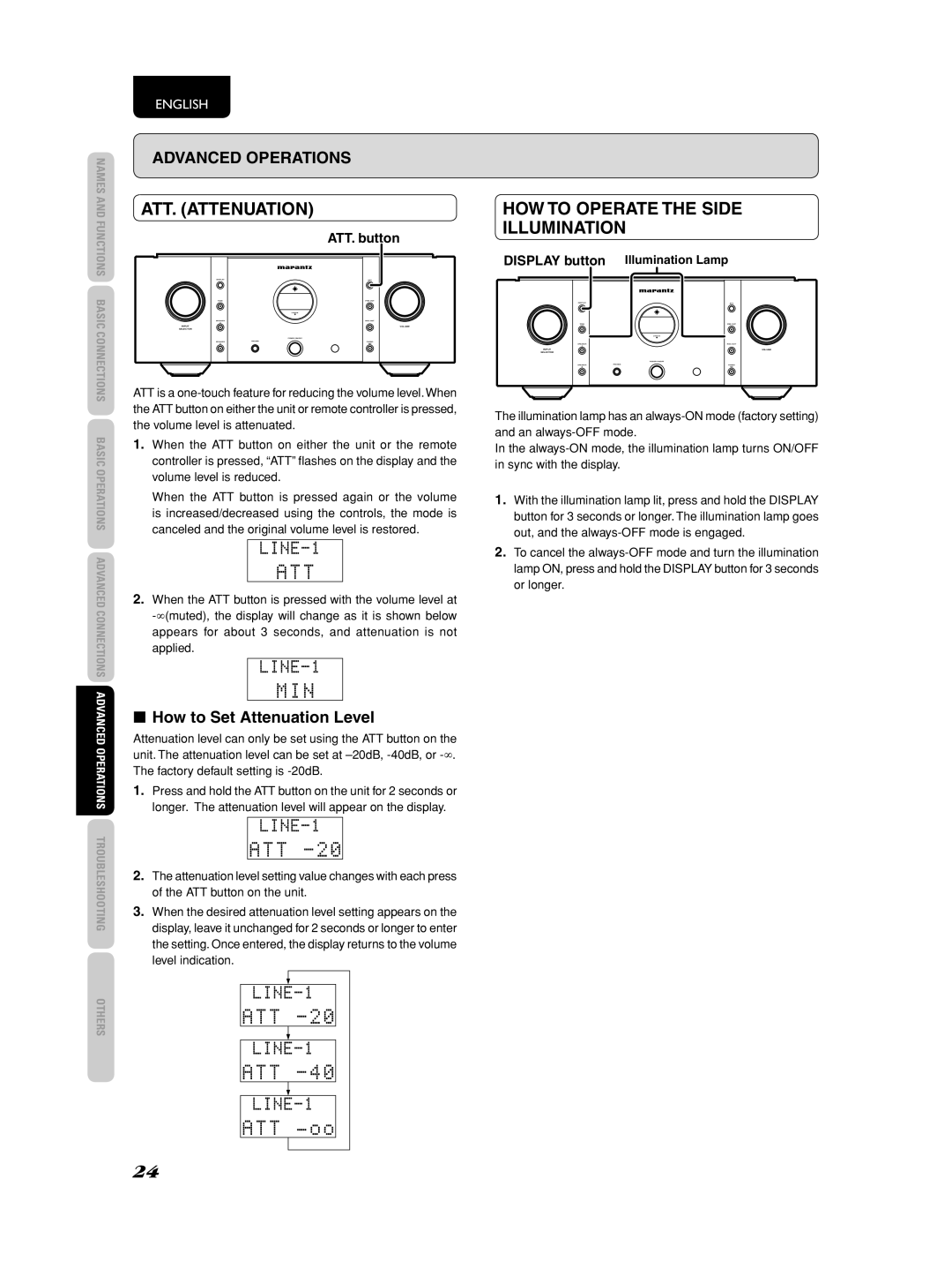 Marantz PM-11S2 ATT. Attenuation, HOW to Operate the Side Illumination, How to Set Attenuation Level, Illumination Lamp 