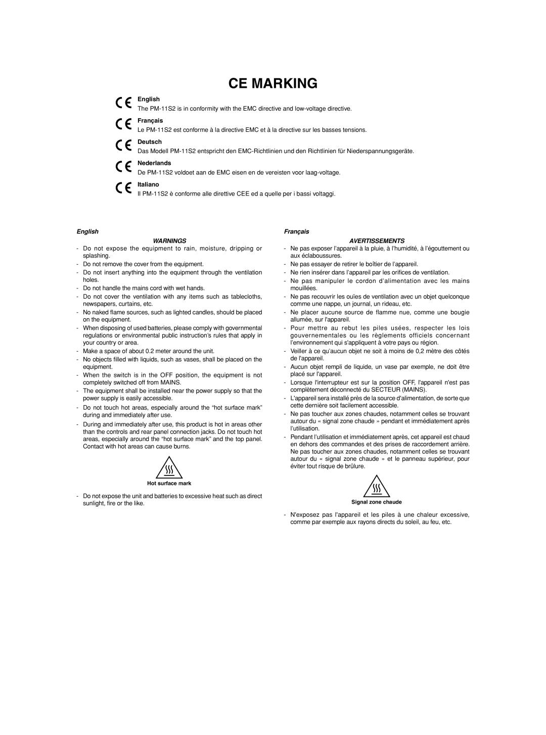 Marantz PM-11S2 manual CE Marking 