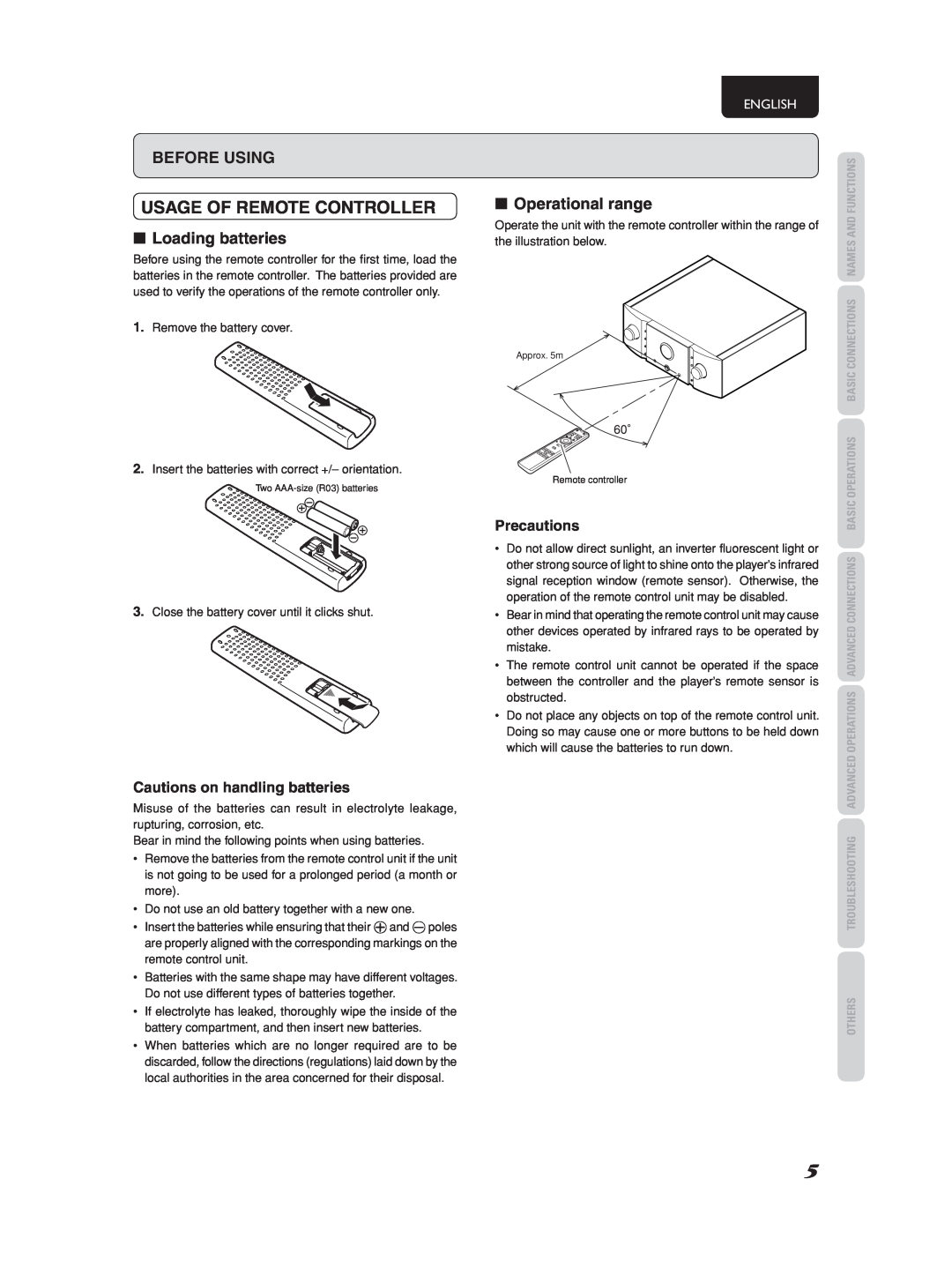 Marantz PM-11S2 manual Usage Of Remote Controller, Before Using, 7Loading batteries, 7Operational range, English 