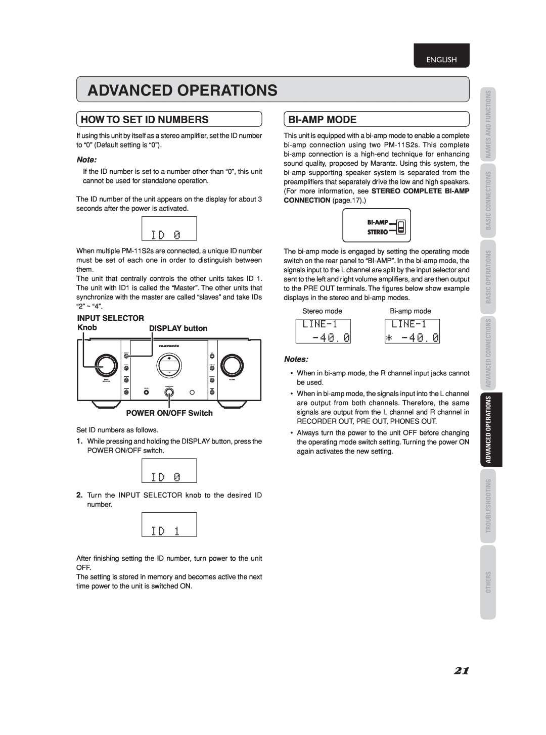 Marantz PM-11S2 manual How To Set Id Numbers, Bi-Ampmode, Advanced Operations, English 