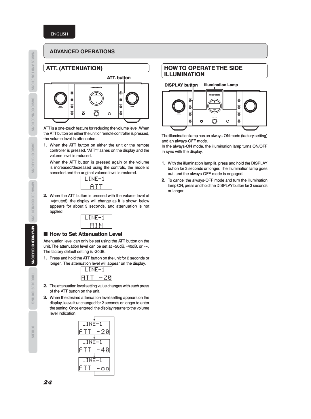 Marantz PM-11S2 Att. Attenuation, How To Operate The Side Illumination, Advanced Operations, 7How to Set Attenuation Level 