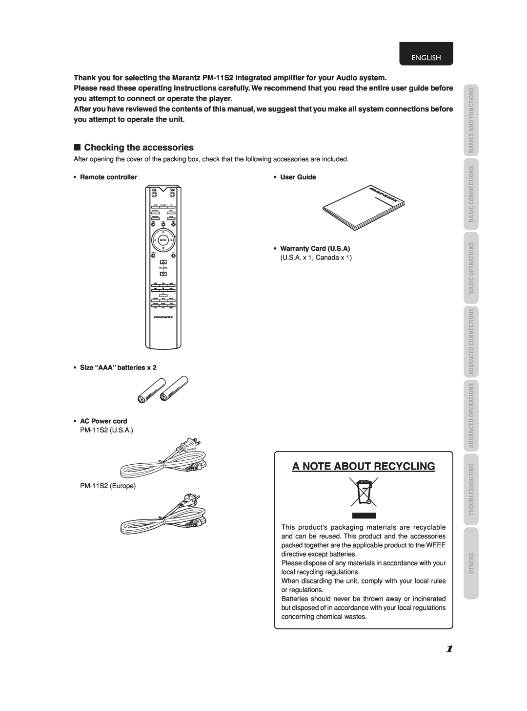Marantz PM-11S2 manual A Note About Recycling, 7Checking the accessories, English 