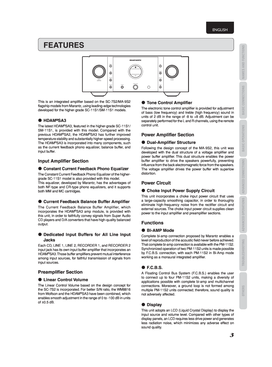 Marantz PM-11S2 Features, Input Amplifier Section, Power Amplifier Section, Power Circuit, Functions, Preamplifier Section 