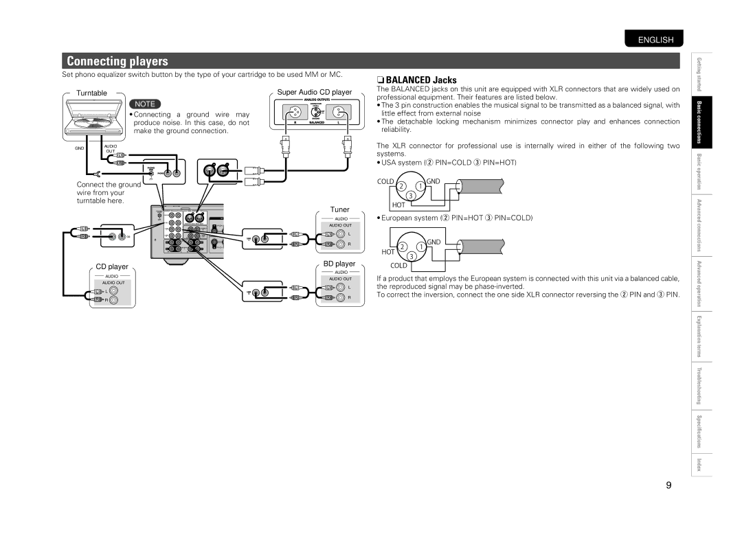 Marantz PM-11S3 owner manual Connecting players, NnBALANCED Jacks 