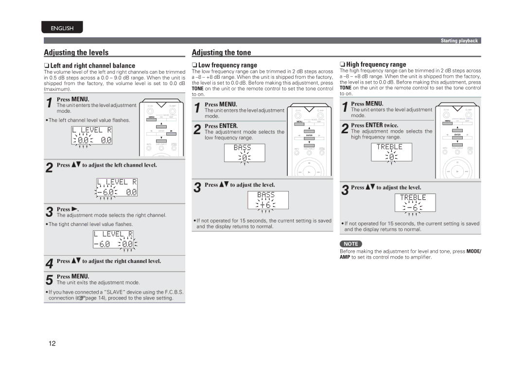 Marantz PM-11S3 Adjusting the levels, Adjusting the tone, NnLeft and right channel balance, NnLow frequency range 