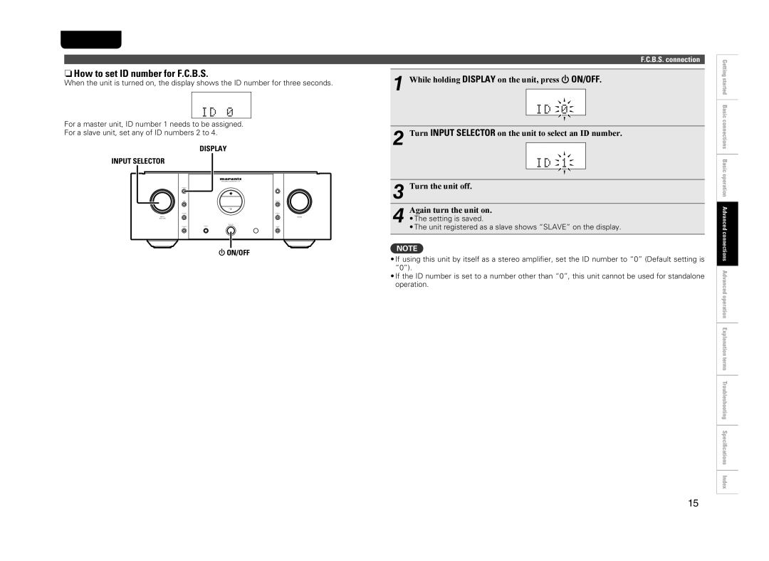 Marantz PM-11S3 owner manual NnHow to set ID number for F.C.B.S, Display 