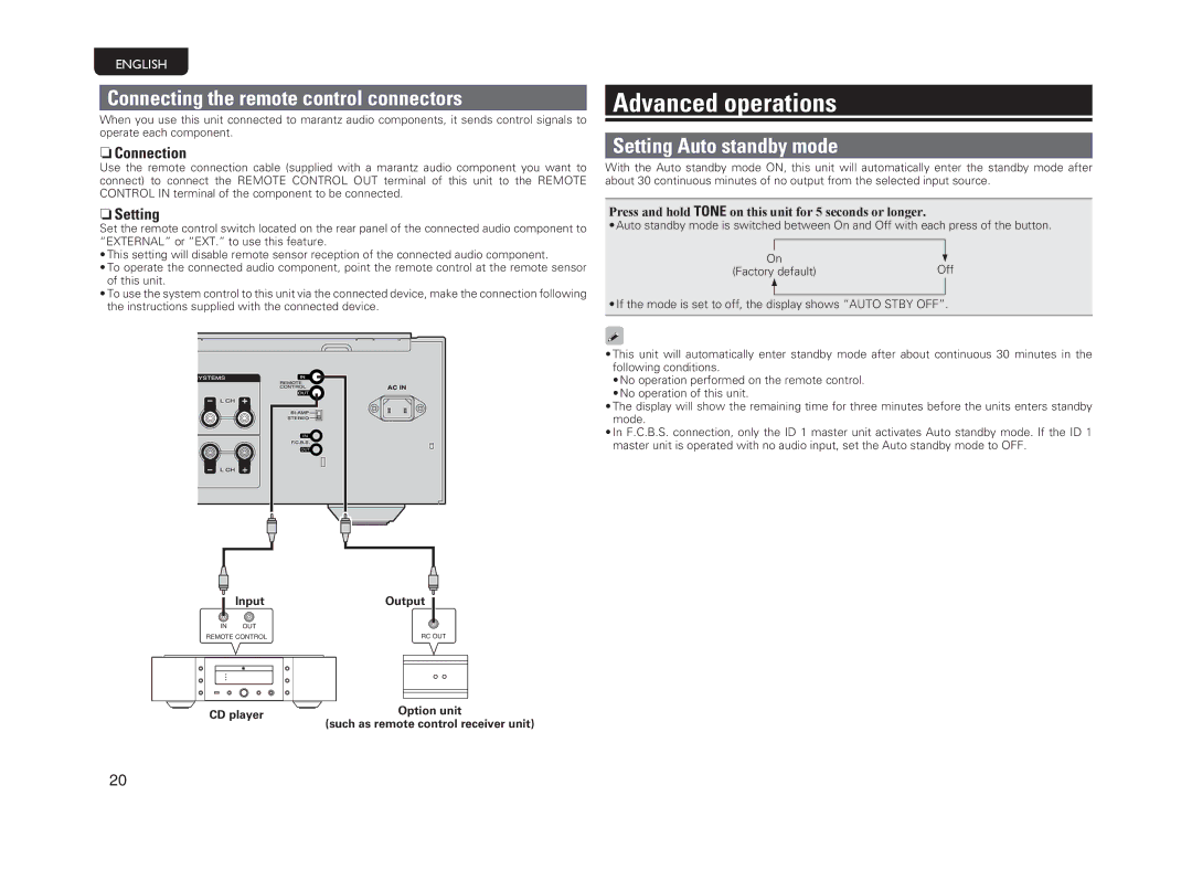 Marantz PM-11S3 Advanced operations, Connecting the remote control connectors, Setting Auto standby mode, NnConnection 