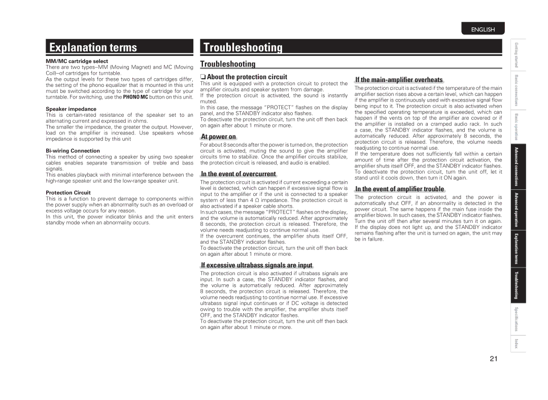 Marantz PM-11S3 owner manual Explanation terms, Troubleshooting 