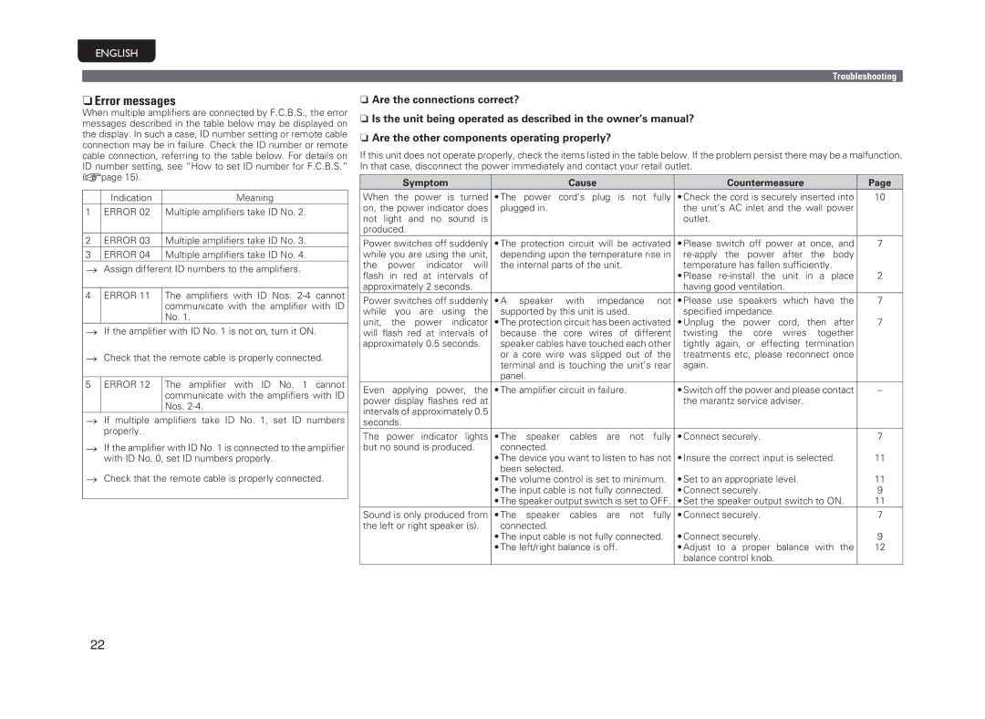 Marantz PM-11S3 owner manual NnError messages, NnAre the connections correct?, Symptom Cause Countermeasure 