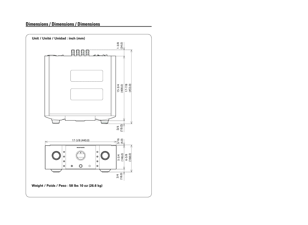 Marantz PM-11S3 owner manual Unit / Unité / Unidad inch mm, Weight / Poids / Peso 58 lbs 10 oz 26.6 kg 