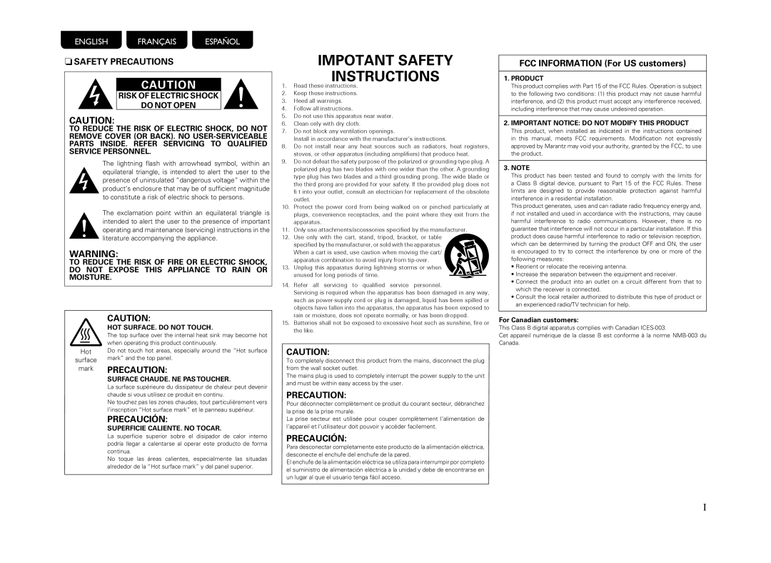 Marantz PM-11S3 owner manual Impotant Safety Instructions 