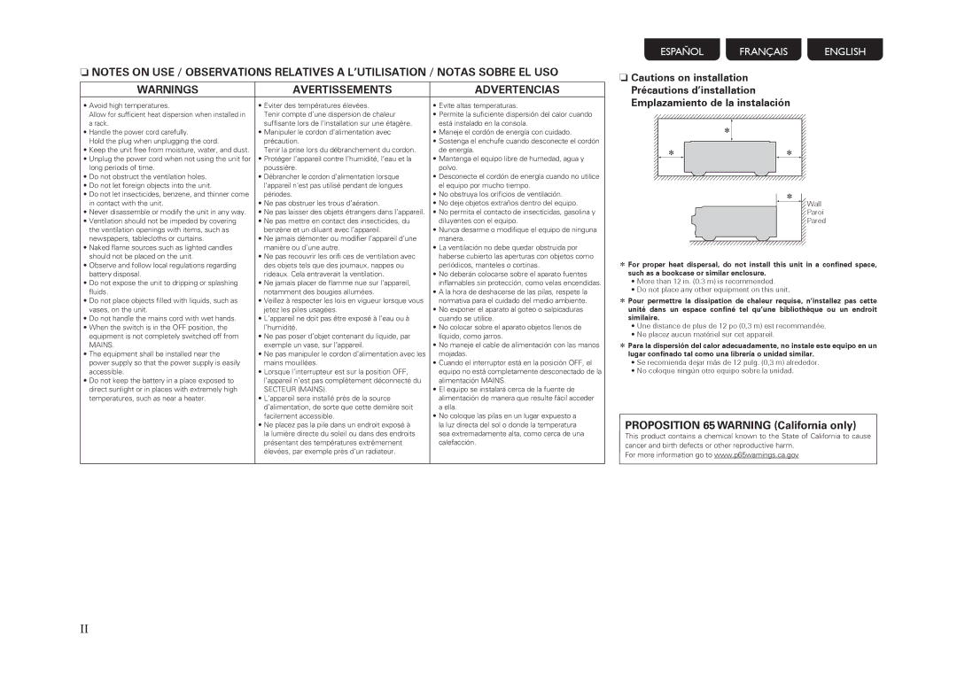 Marantz PM-11S3 owner manual Avertissements Advertencias, Précautions d’installation Emplazamiento de la instalación 