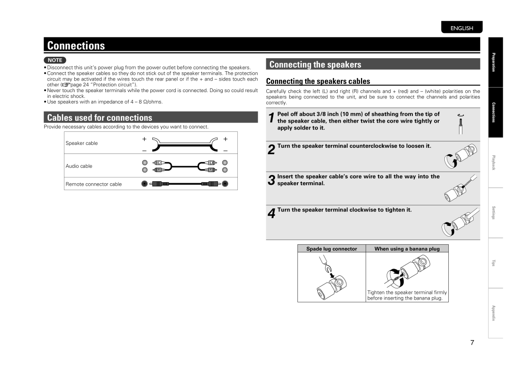 Marantz PM-14S1 owner manual Connections, Cables used for connections, Connecting the speakers cables 