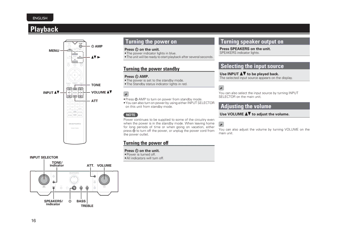 Marantz PM-14S1 Playback, Turning the power on Turning speaker output on, Selecting the input source, Adjusting the volume 