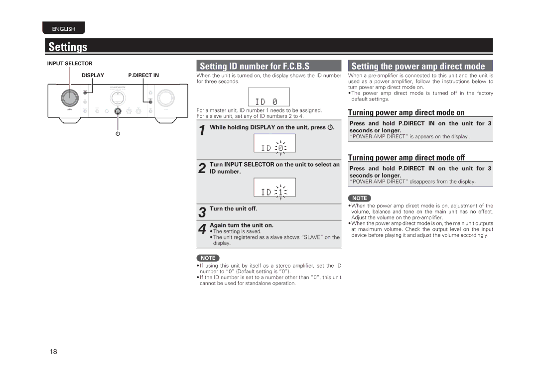 Marantz PM-14S1 owner manual Settings, Setting ID number for F.C.B.S, Setting the power amp direct mode 