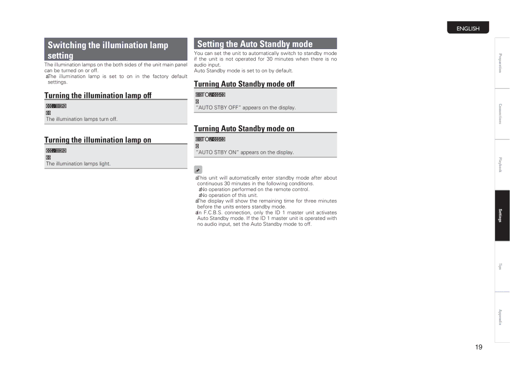 Marantz PM-14S1 owner manual Switching the illumination lamp setting, Setting the Auto Standby mode 