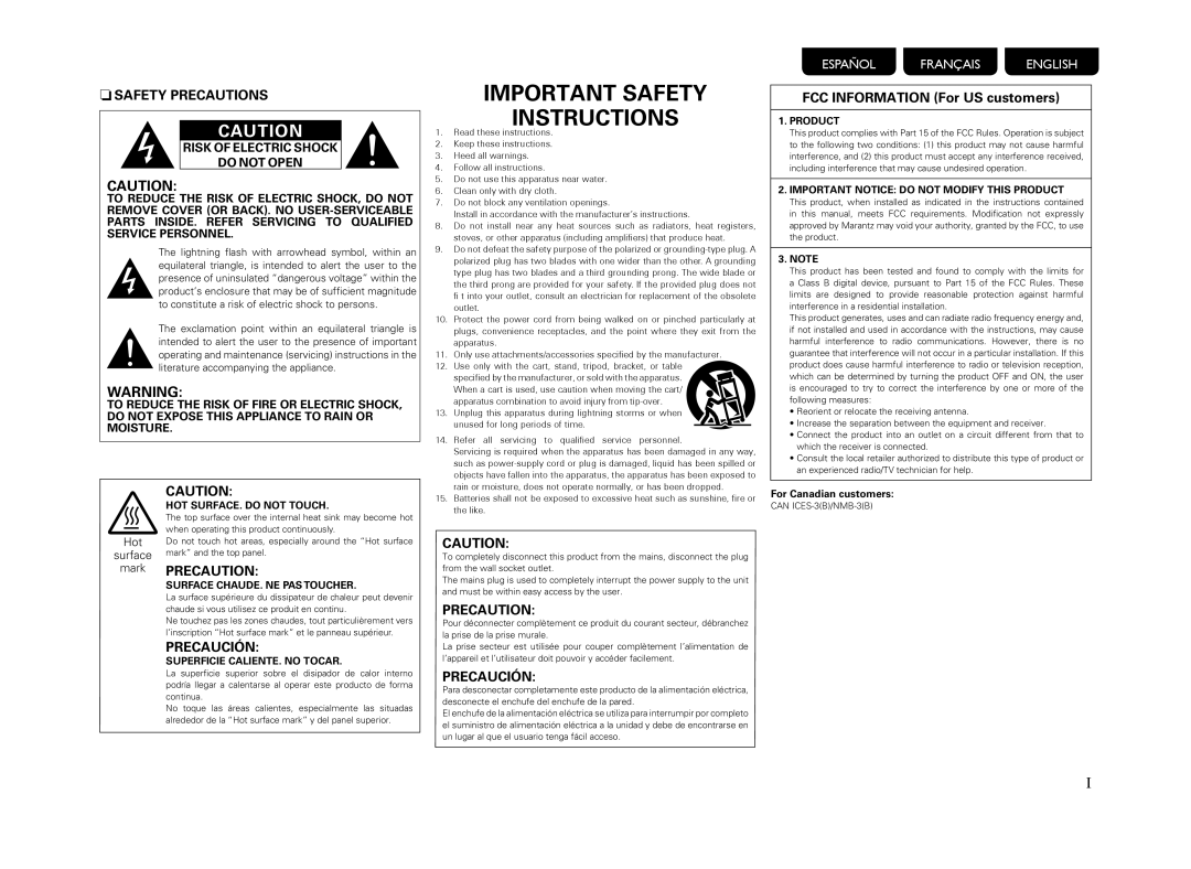 Marantz PM-14S1 owner manual Important Safety Instructions 