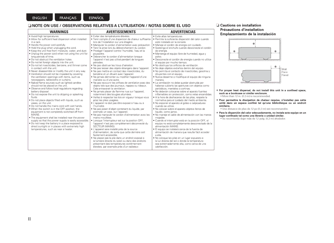 Marantz PM-14S1 owner manual Avertissements Advertencias, Précautions d’installation Emplazamiento de la instalación 