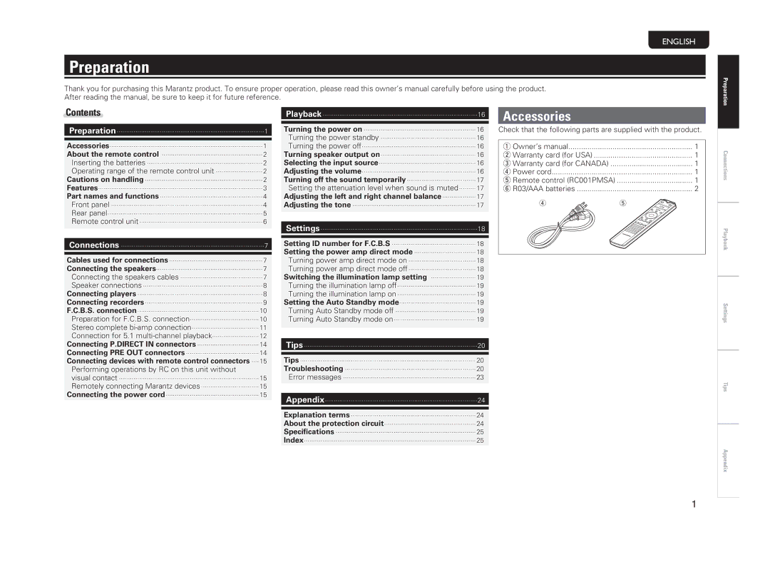 Marantz PM-14S1 owner manual Preparation, Accessories, Contents 