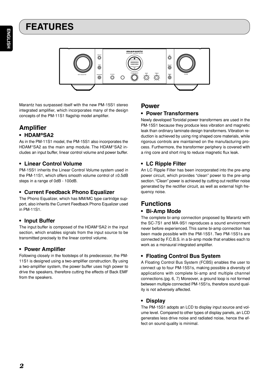 Marantz PM-15S1 manual Features, Amplifier, Power, Functions, HDAMSA2 