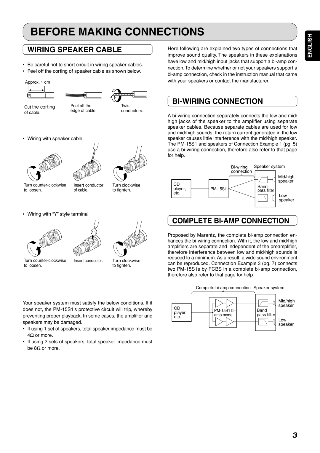 Marantz PM-15S1 manual Before Making Connections, Wiring Speaker Cable, BI-WIRING Connection, Complete BI-AMP Connection 