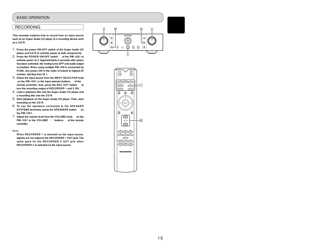 Marantz PM-15S1 manual Recording, Basic Operation 