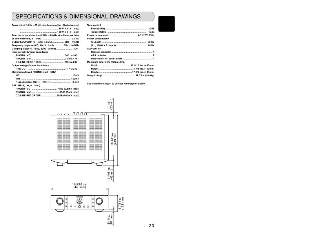 Marantz PM-15S1 manual Specifications & Dimensional Drawings, Cd/Line/Recorder 