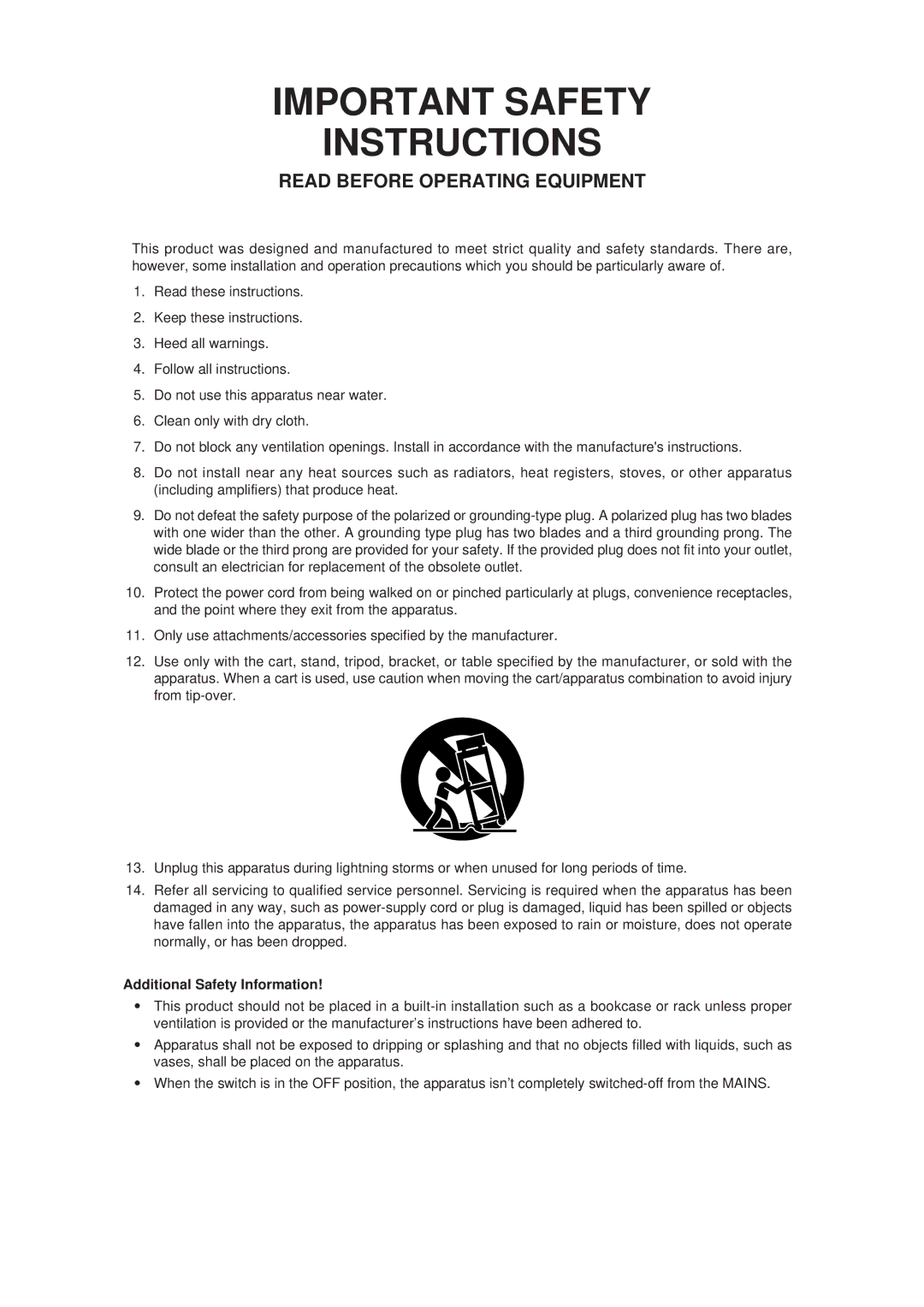 Marantz PM-15S1 manual Important Safety Instructions, Read Before Operating Equipment 