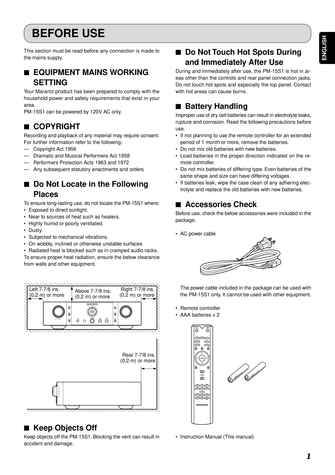 Marantz PM-15S1 manual Before USE, Equipment Mains Working Setting, Copyright 