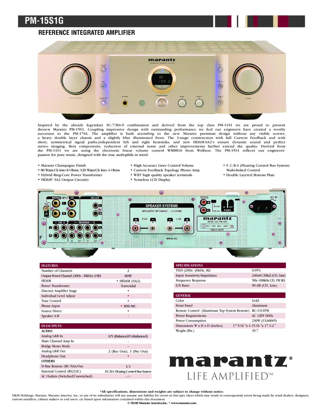 Marantz PM-15S1G specifications Life Amplified, Reference Integrated Amplifier 