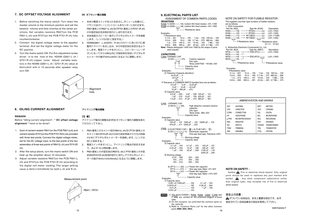 Marantz PM-17SA technical specifications DC Offset Voltage Alignment, Electrical Parts List, Idling Current Alignment 