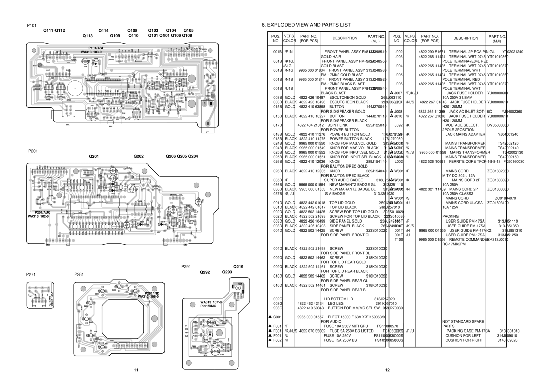 Marantz PM-17SA technical specifications Exploded View and Parts List, Packing, Not Standard Spare Parts 