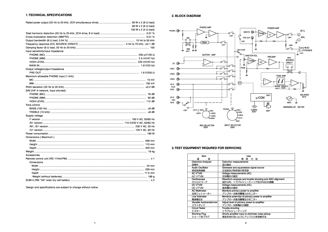Marantz PM-17SA Technical Specifications, Block Diagram, Test Equipment Requred For Servicing, µ-COM 