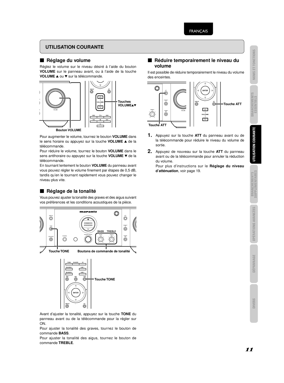 Marantz 541110236030M, PM-KI-PEARL Réglage du volume, Réglage de la tonalité, Réduire temporairement le niveau du volume 