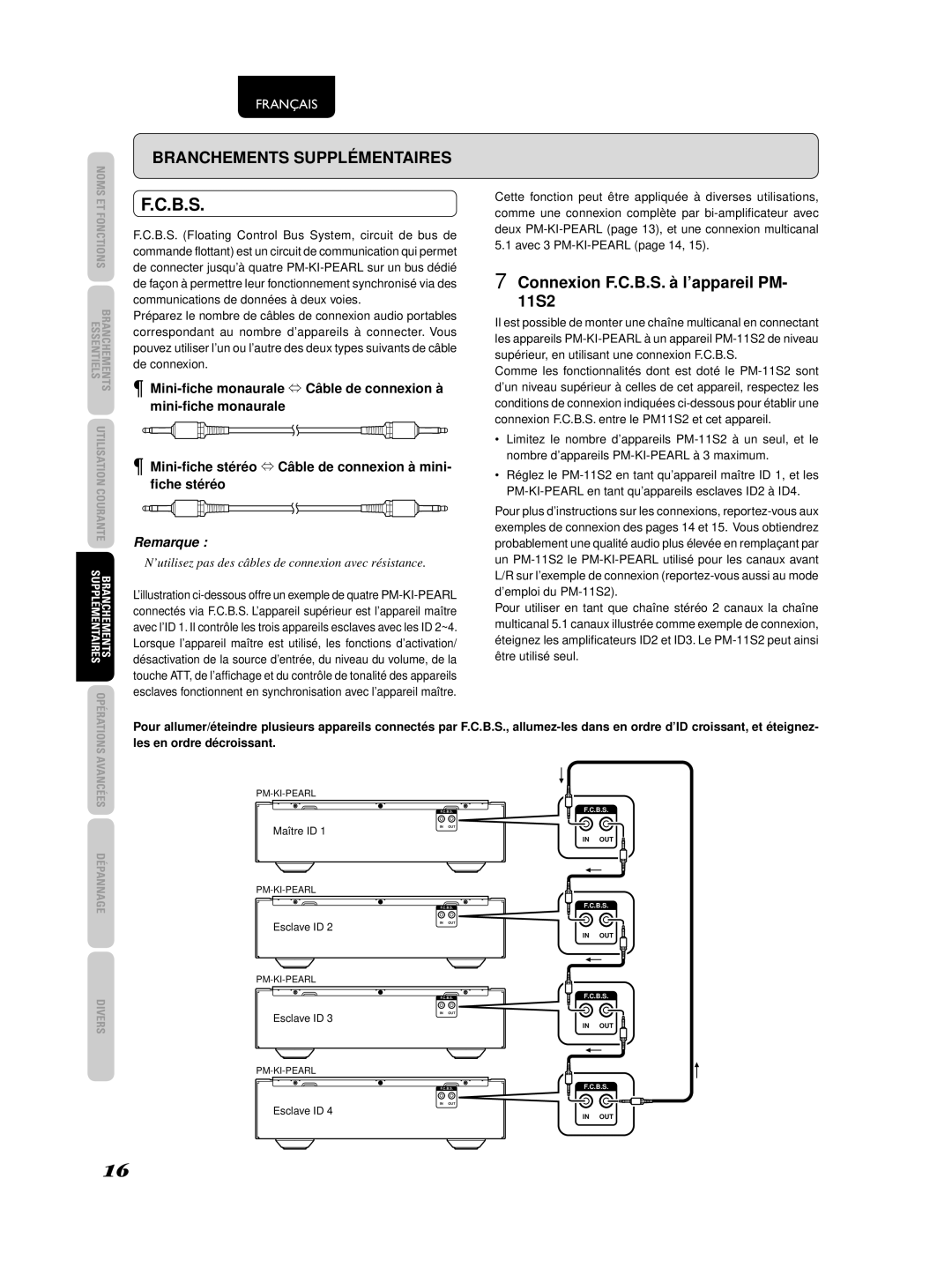 Marantz PM-KI-PEARL, 541110236030M manual Connexion F.C.B.S. à l’appareil PM- 11S2, Supplémentaires Branchements 