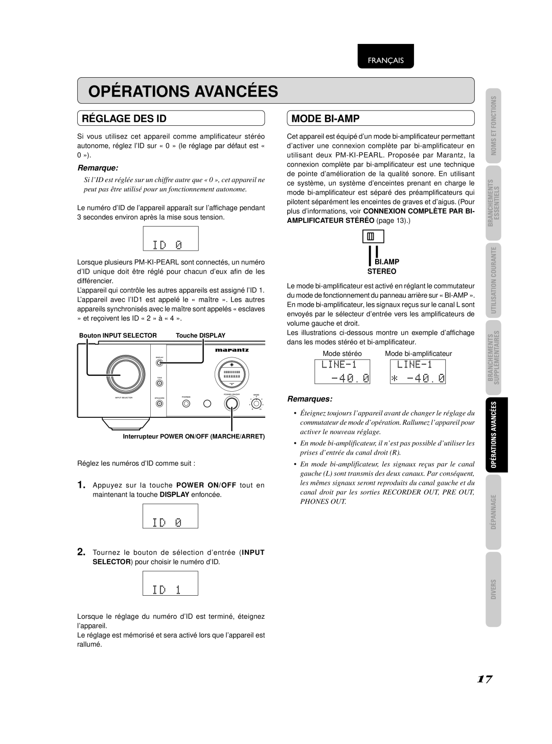 Marantz 541110236030M, PM-KI-PEARL manual Réglage DES ID, Mode BI-AMP, Opérations Avancées 