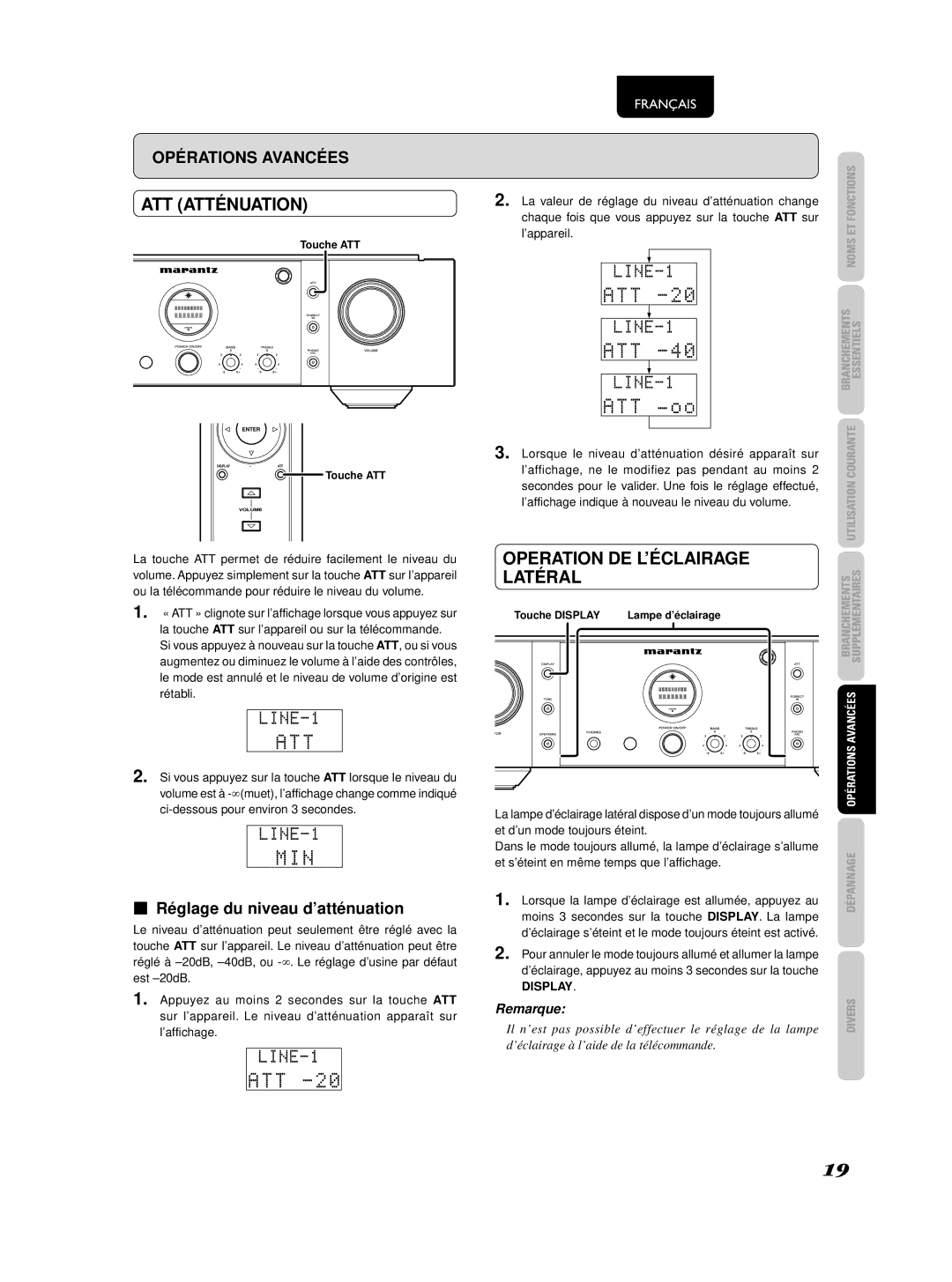 Marantz 541110236030M, PM-KI-PEARL manual ATT Atténuation, Operation DE L’ÉCLAIRAGE Latéral, Réglage du niveau d’atténuation 