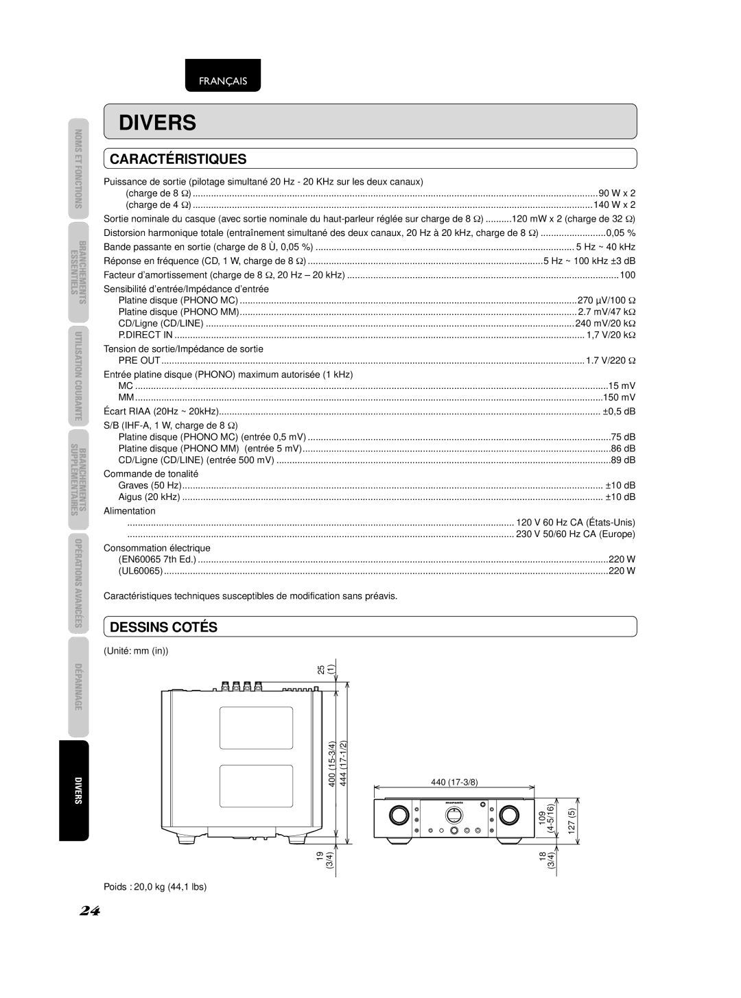 Marantz PM-KI-PEARL, 541110236030M manual Divers, Caractéristiques, Dessins Cotés 