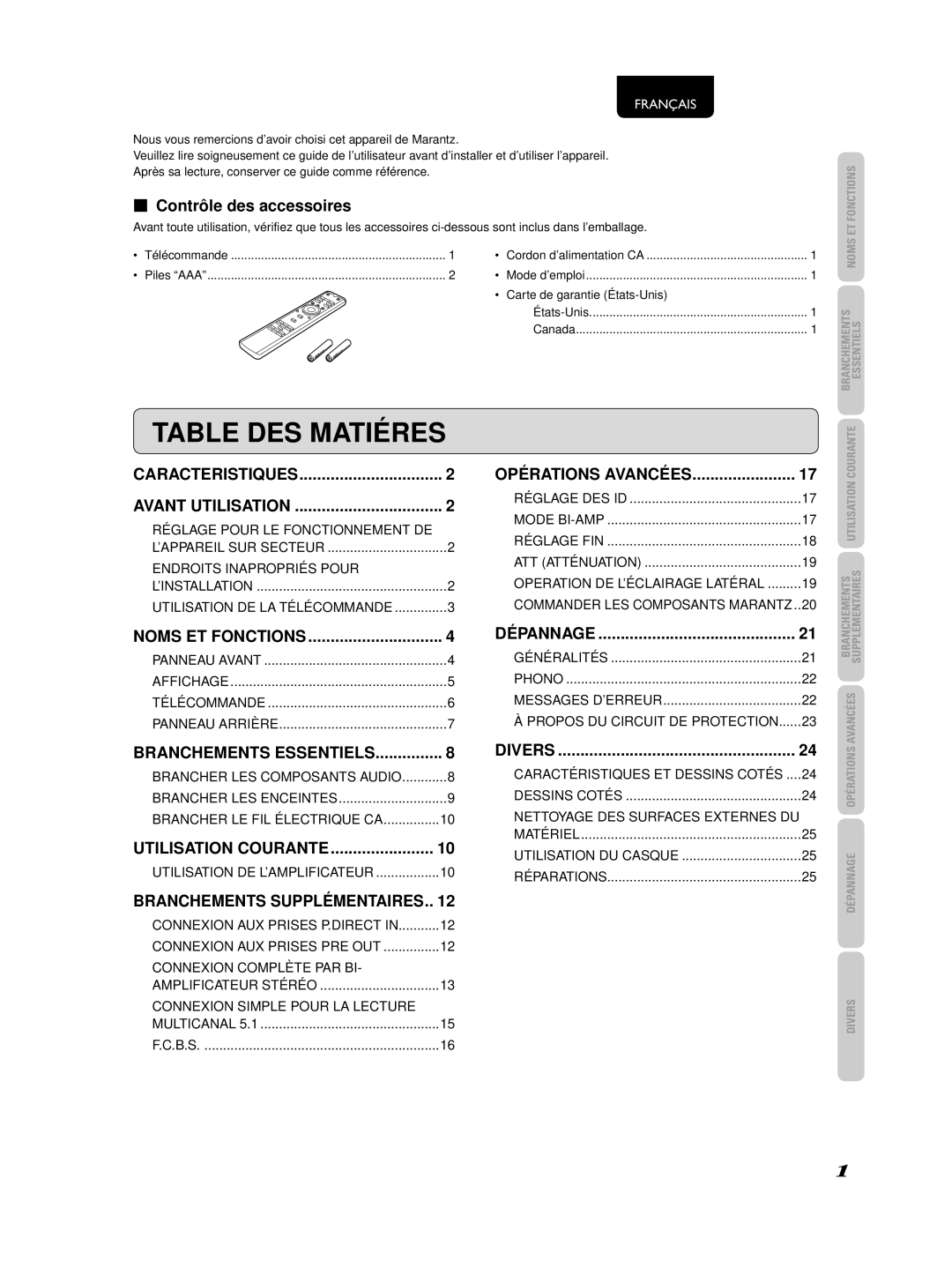 Marantz 541110236030M, PM-KI-PEARL manual Table DES Matiéres, Contrôle des accessoires 