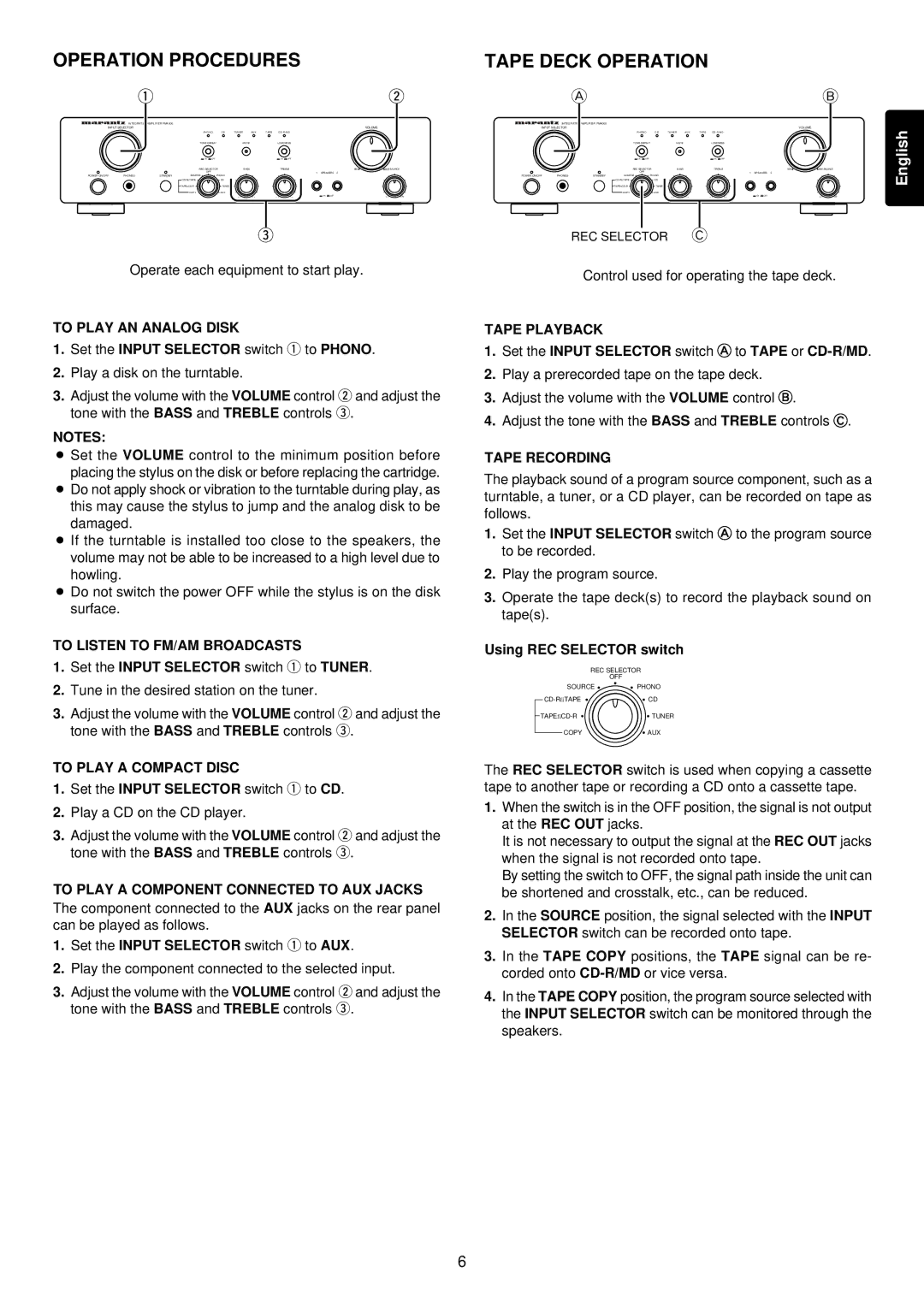 Marantz PM4000 manual Operation Procedures, Tape Deck Operation 