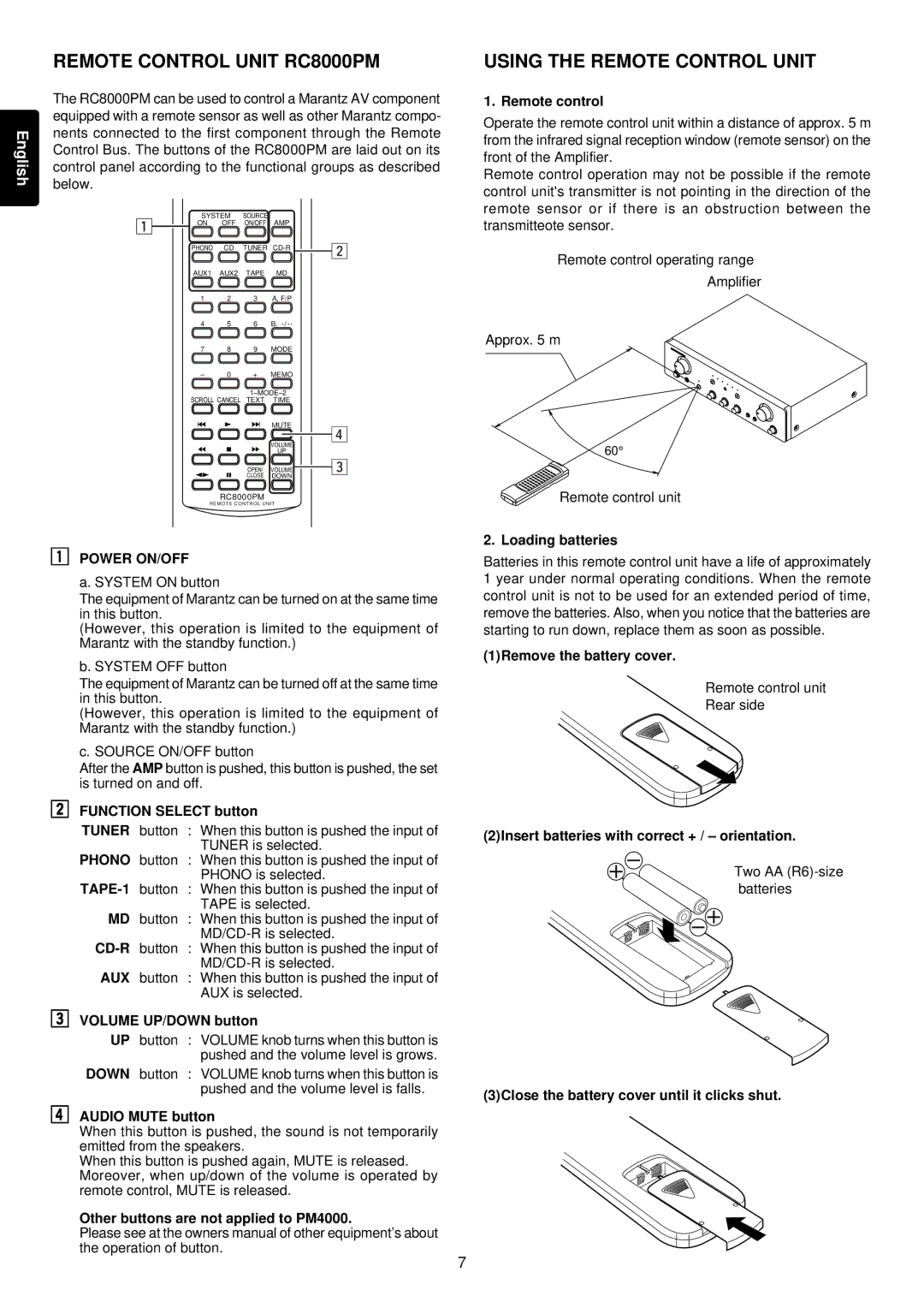 Marantz PM4000 manual Remote Control Unit RC8000PM, Using the Remote Control Unit 