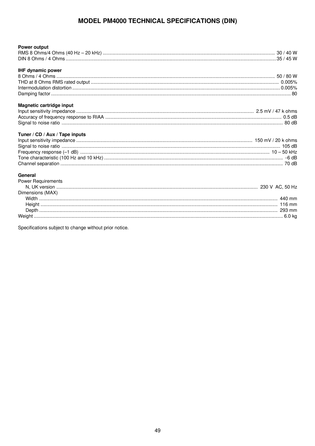 Marantz manual Model PM4000 Technical Specifications DIN 