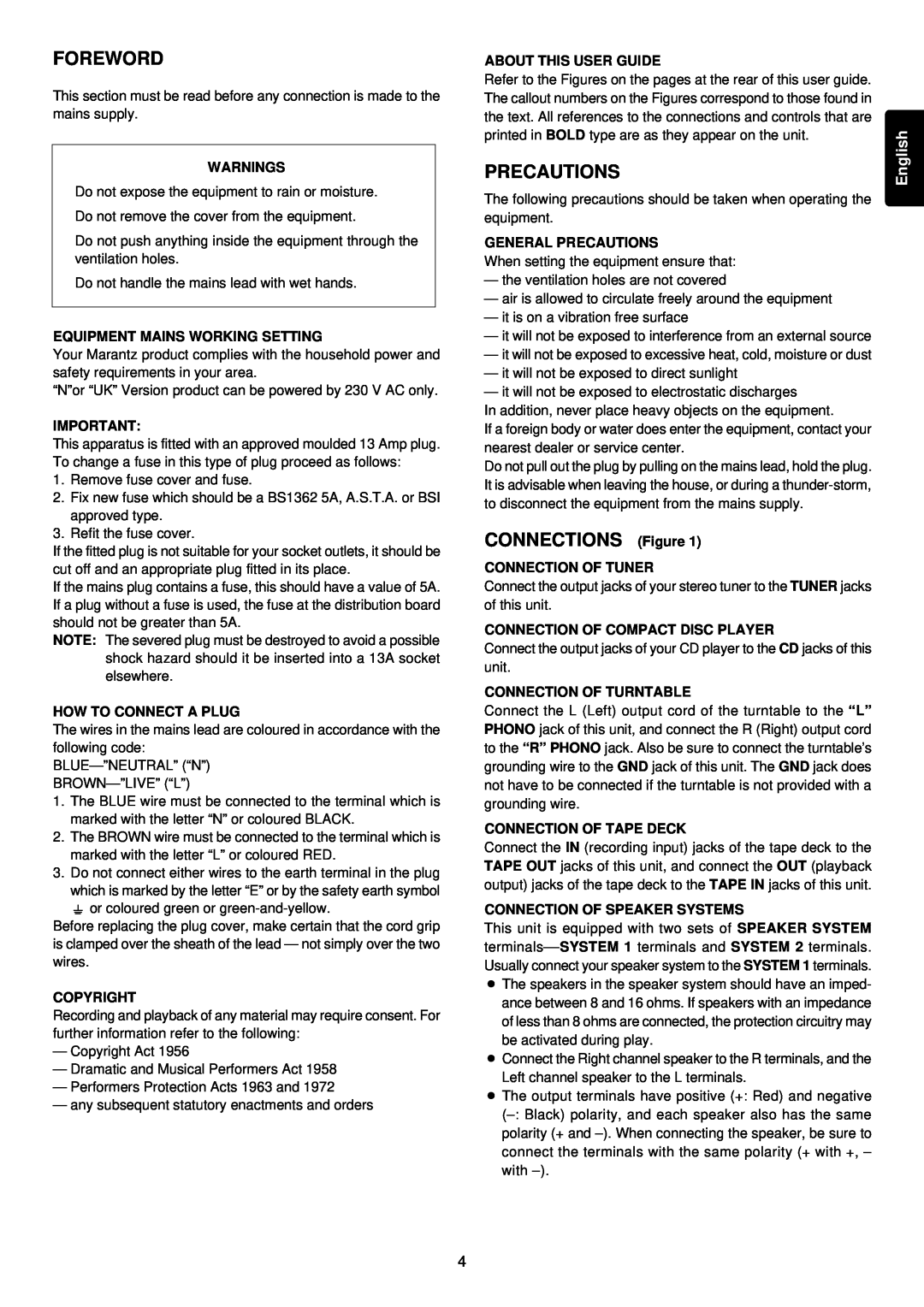 Marantz PM4000 manual Foreword, Precautions, CONNECTIONS Figure, English 