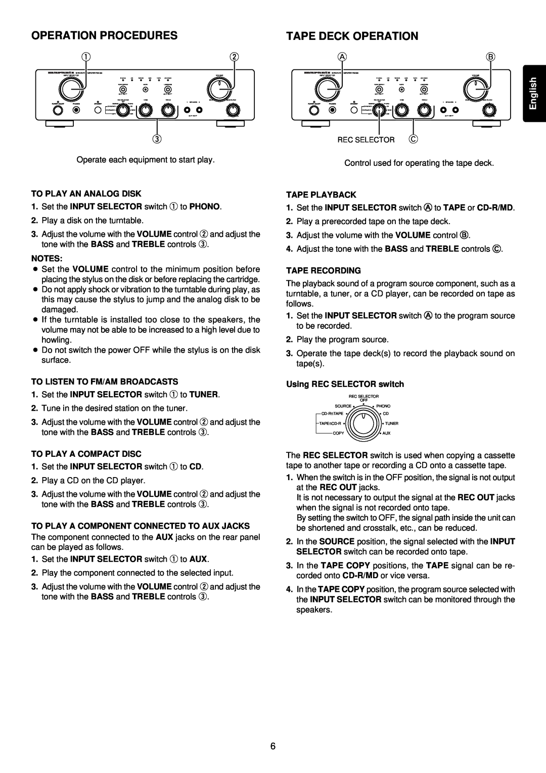 Marantz PM4000 manual Operation Procedures, Tape Deck Operation, English 
