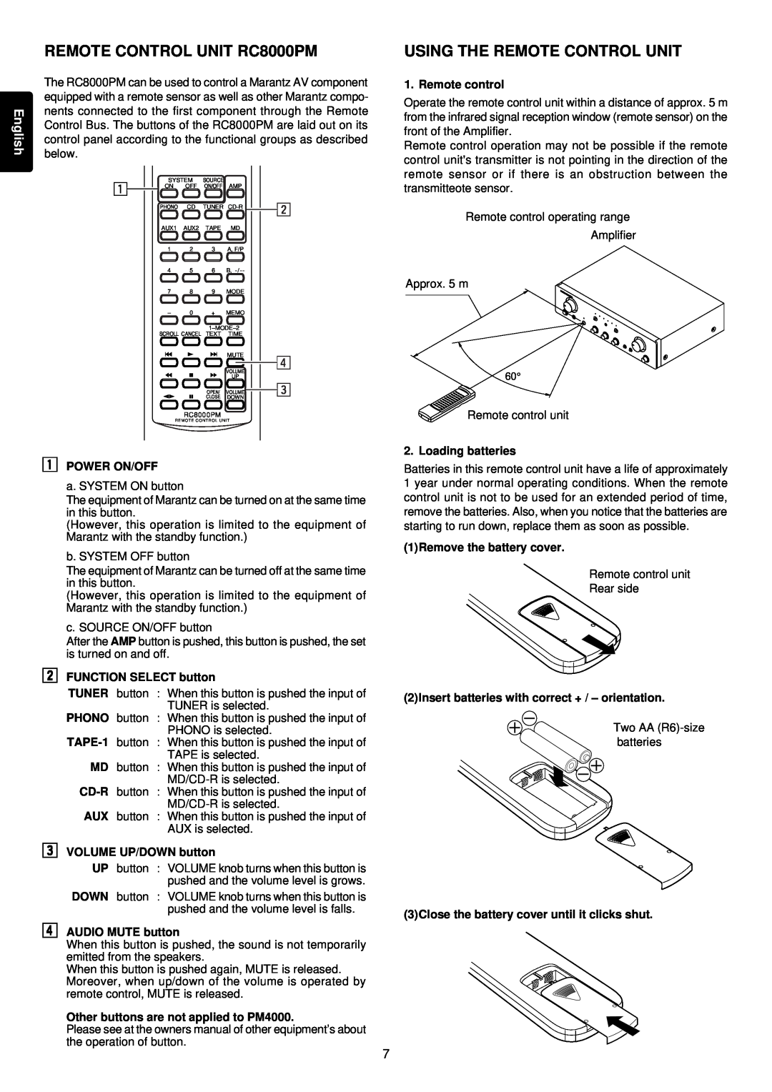 Marantz PM4000 manual REMOTE CONTROL UNIT RC8000PM, Using The Remote Control Unit, English 