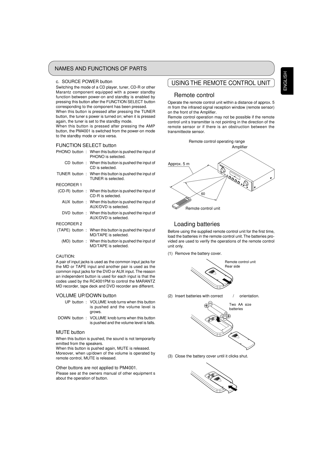 Marantz PM4001OSE manual Remote control, Loading batteries, Function Select button, Volume UP/DOWN button, Mute button 