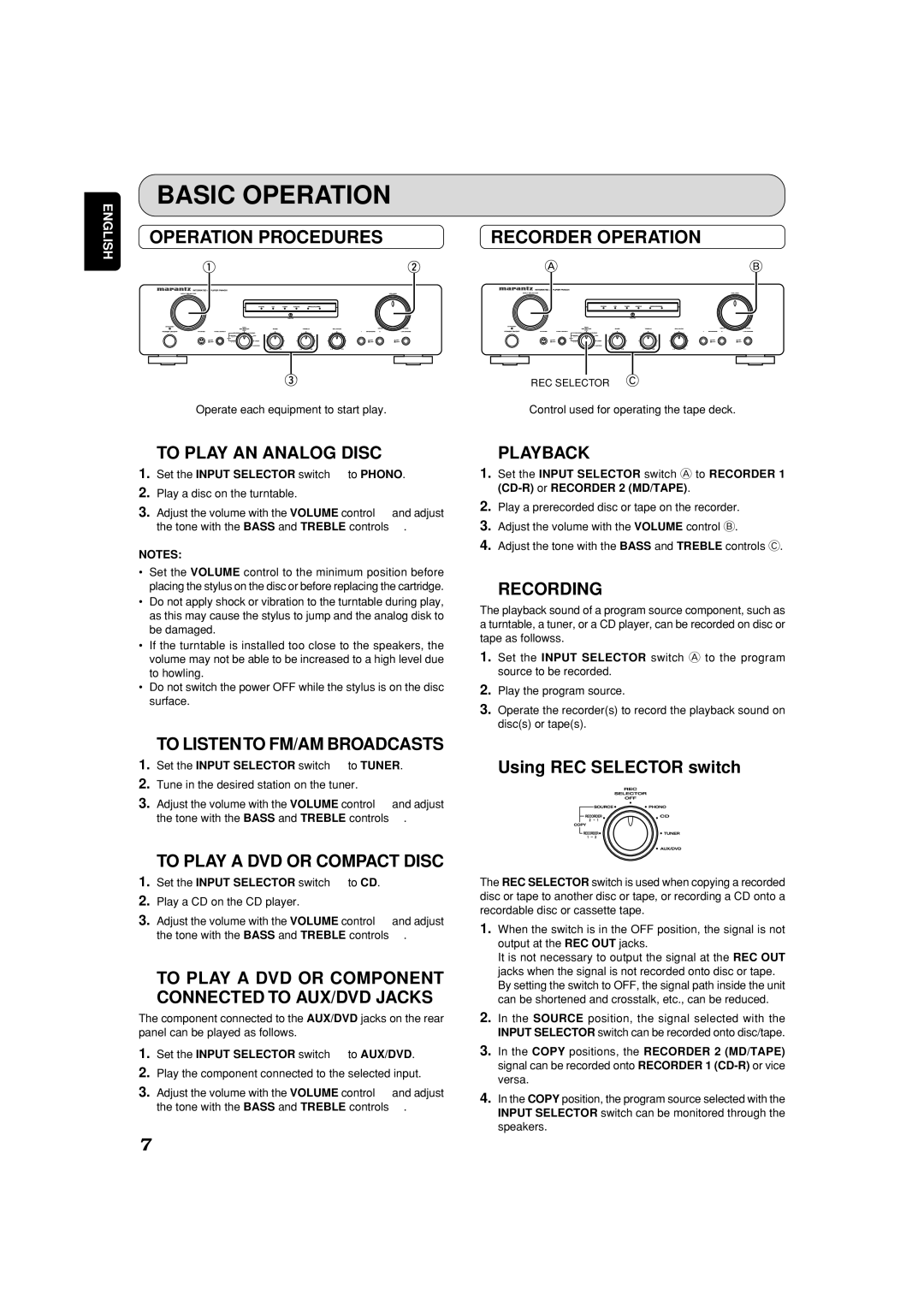 Marantz PM4001OSE manual Basic Operation, Operation Procedures, Using REC Selector switch 