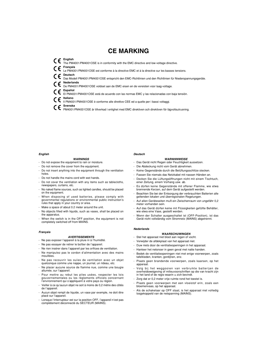 Marantz PM4001OSE manual Avertissements, Warnhinweise, Waarschuwingen 