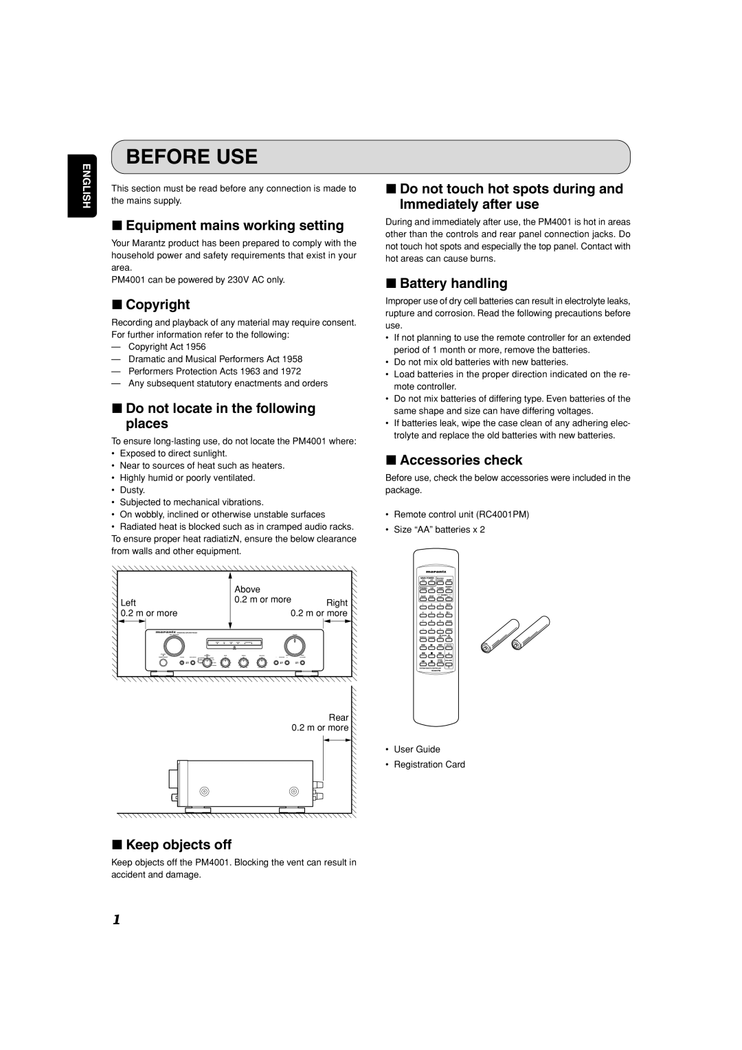 Marantz PM4001OSE manual Before USE 