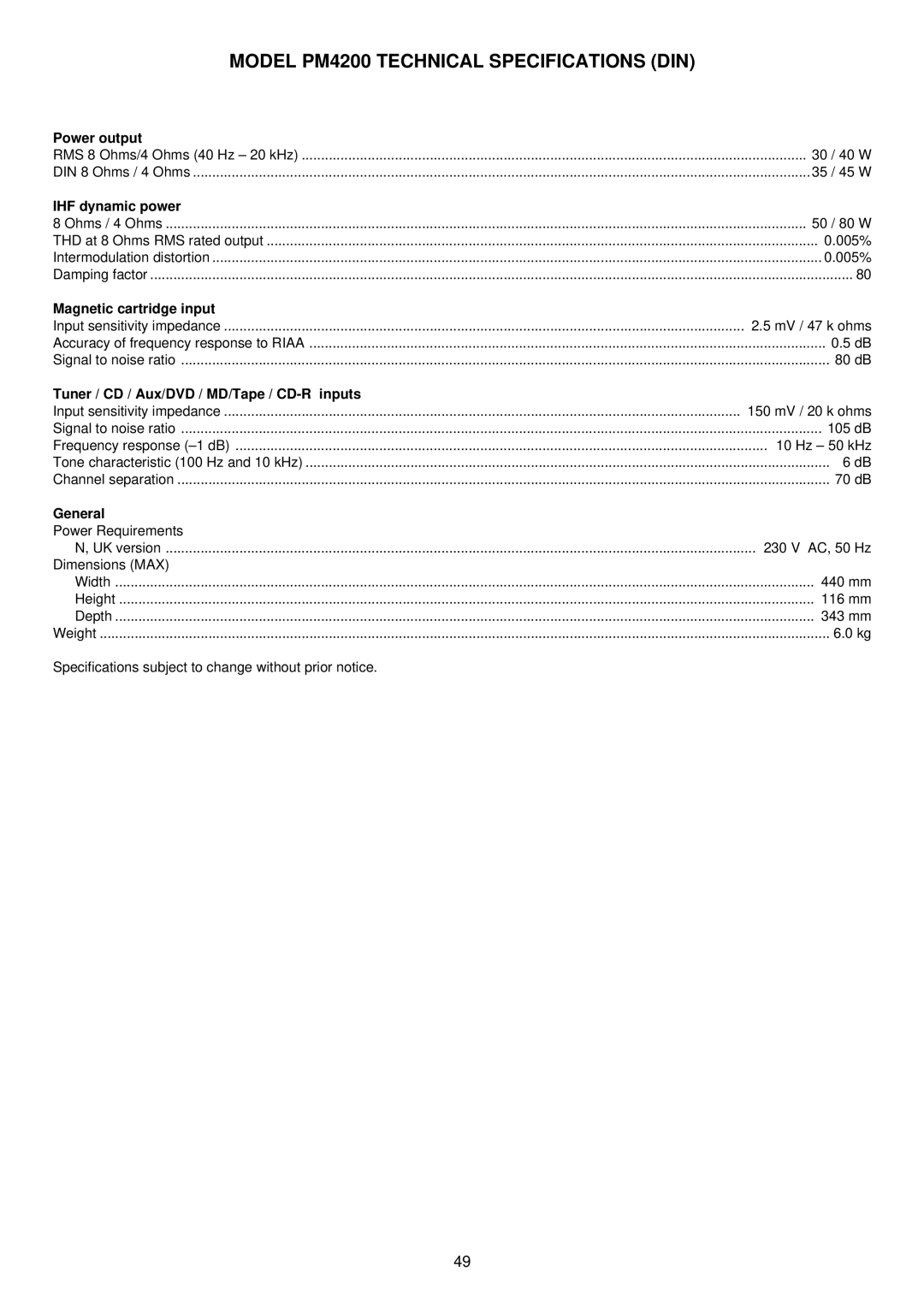 Marantz manual Model PM4200 Technical Specifications DIN 